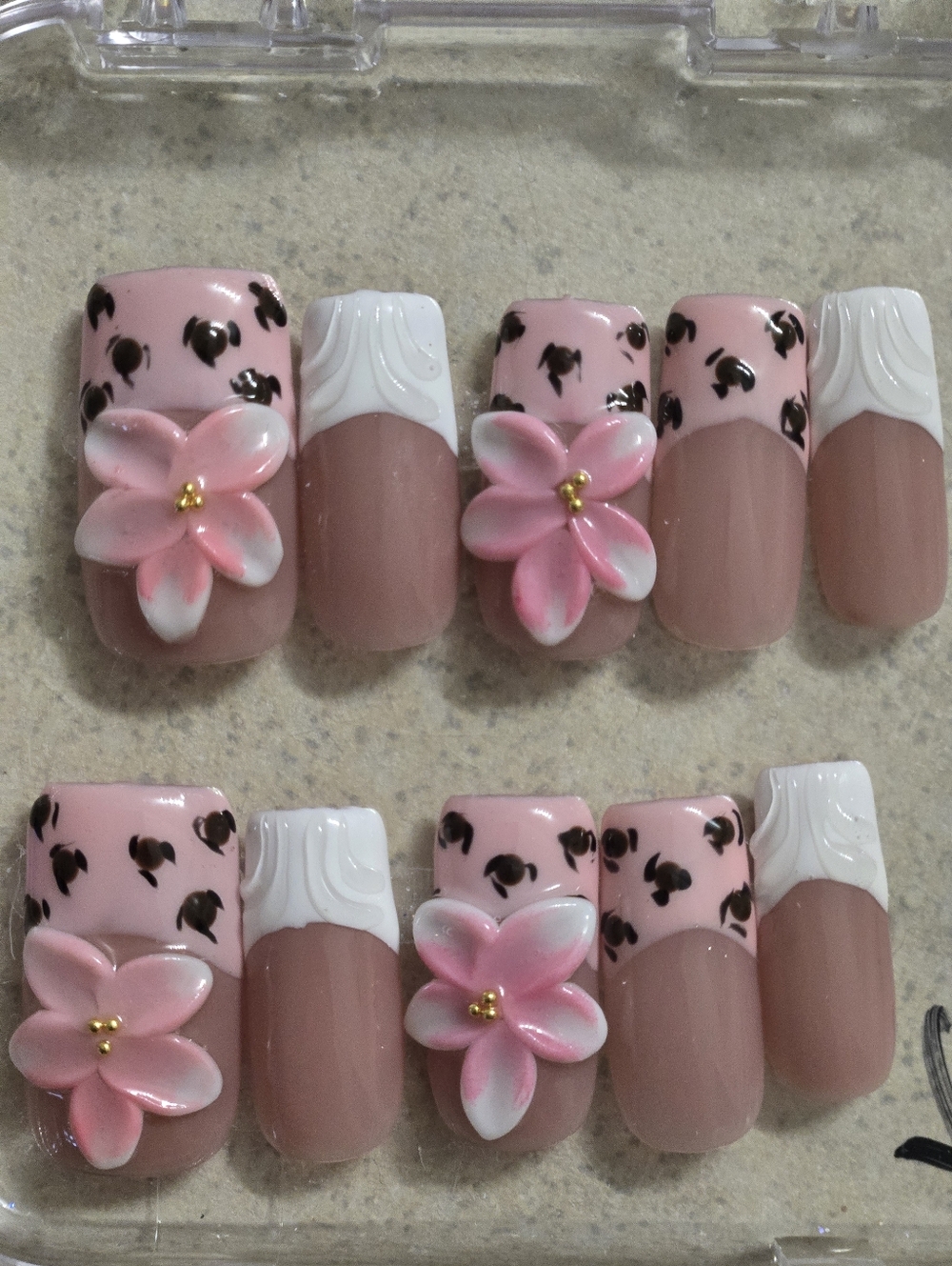 Pink Floral Leopard Press-On Nails,  Medium Length Square